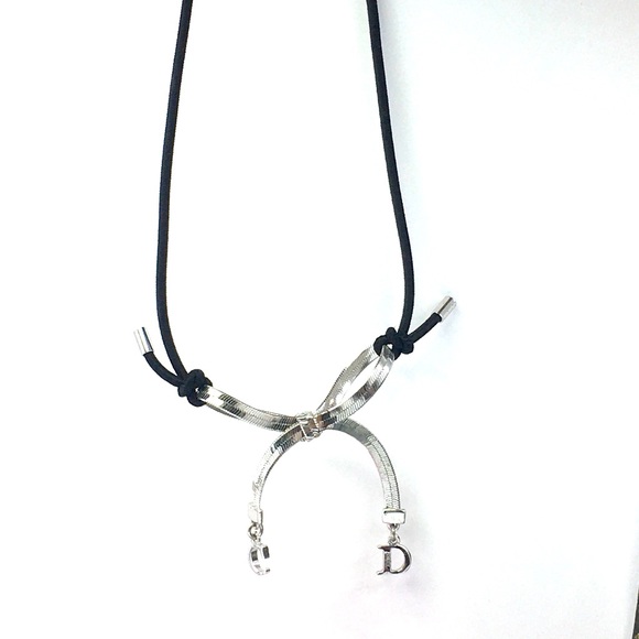 CD logo Christian Dior silver bow black cord choker necklace